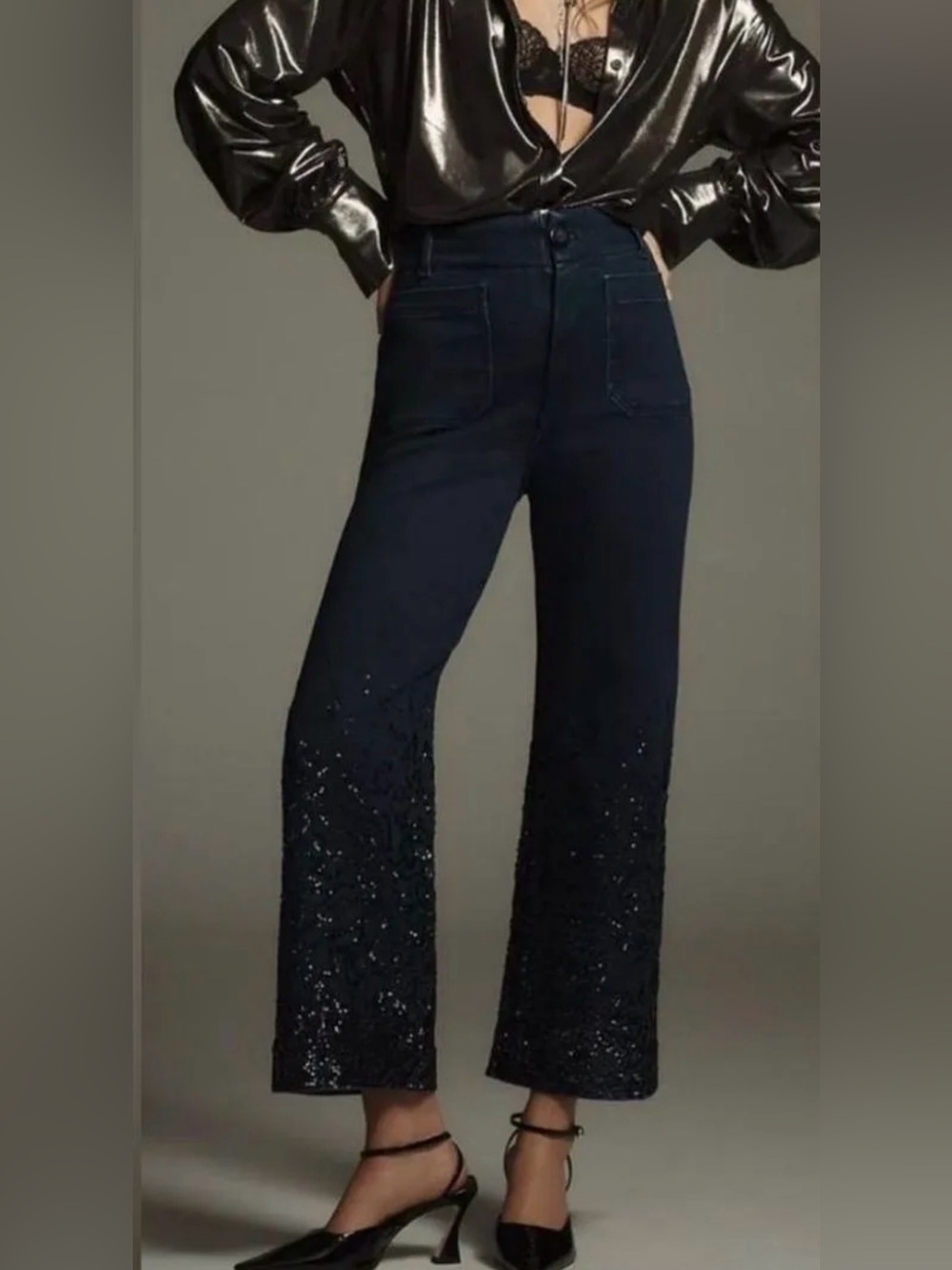 Anthropologie The Colette Cropped High-Rise Wide-Leg Sequin Jeans in Size 28R - Picture 1 of 7